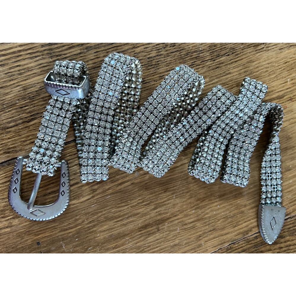 Vintage Rhinestone Western Belt 46” Length Bling Pop New Years Eve Heavy Buckle